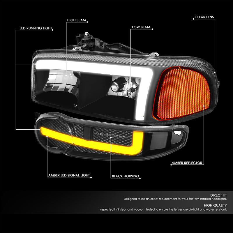 DNA Motoring, 01-06 GMC Sierra 1500 Yukon Denali Switchback LED DRL+Signal Headlight - Black Housing Amber Corner