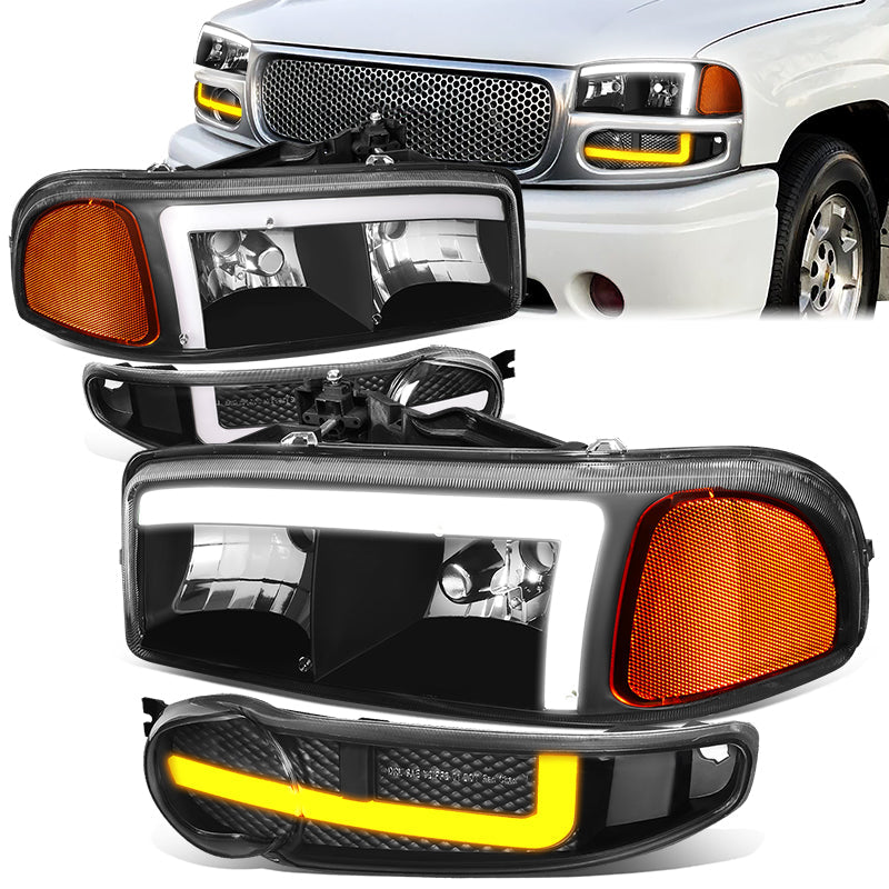 DNA Motoring, 01-06 GMC Sierra 1500 Yukon Denali Switchback LED DRL+Signal Headlight - Black Housing Amber Corner