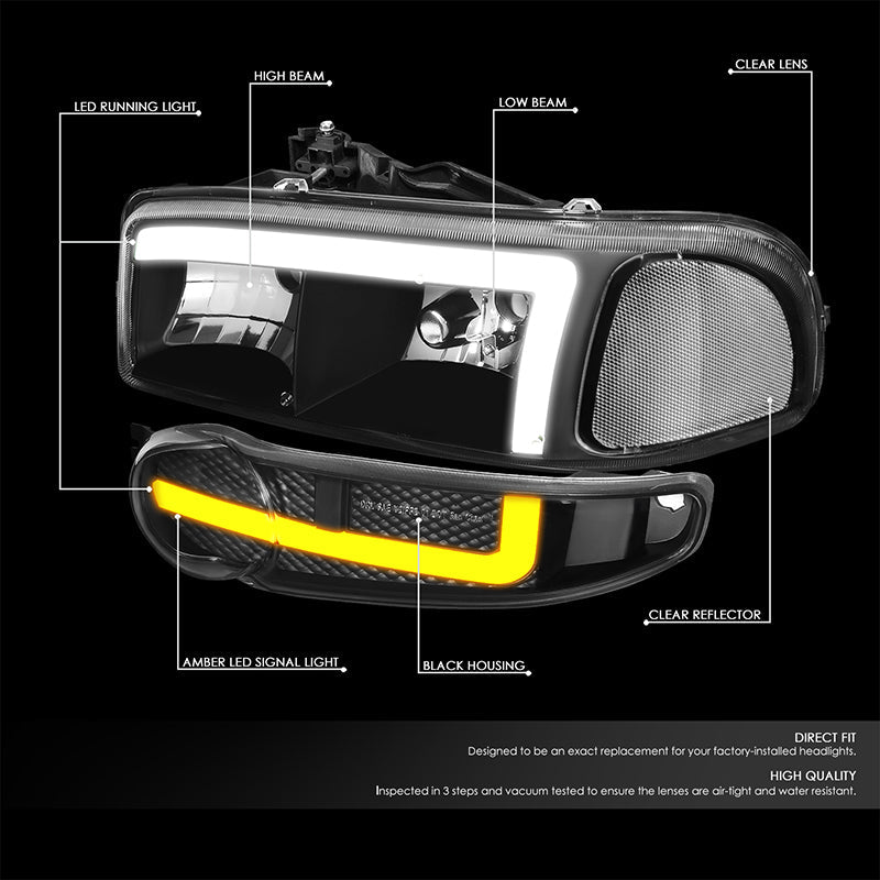 DNA Motoring, 01-06 GMC Sierra 1500 Yukon Denali Switchback LED DRL+Signal Headlight - Black Housing Clear Corner