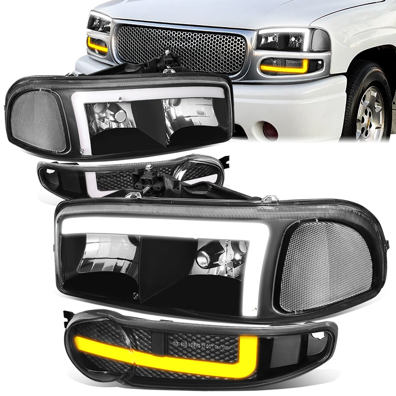 DNA Motoring, 01-06 GMC Sierra 1500 Yukon Denali Switchback LED DRL+Signal Headlight - Black Housing Clear Corner