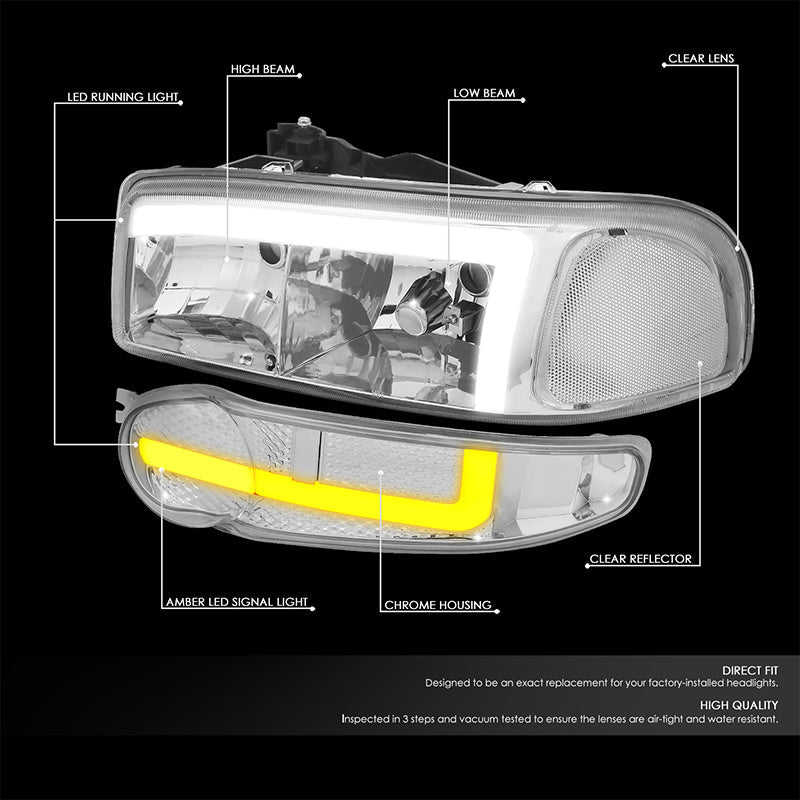 DNA Motoring, 01-06 GMC Sierra 1500 Yukon Denali Switchback LED DRL+Signal Headlight - Chrome Housing Clear Corner