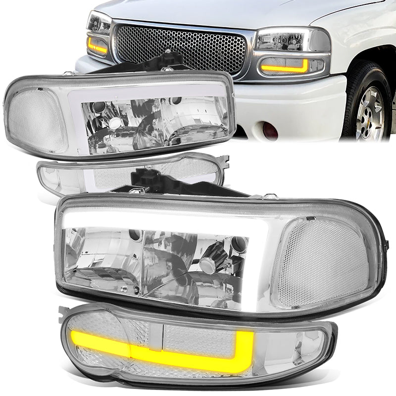 DNA Motoring, 01-06 GMC Sierra 1500 Yukon Denali Switchback LED DRL+Signal Headlight - Chrome Housing Clear Corner