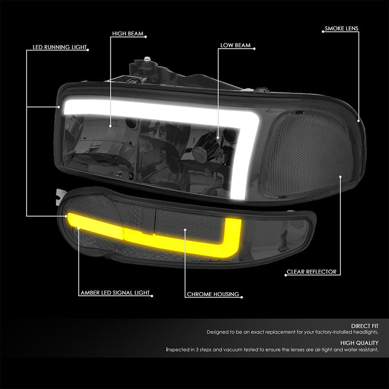 DNA Motoring, 01-06 GMC Sierra 1500 Yukon Denali Switchback LED DRL+Signal Headlight - Smoked Lens Clear Corner