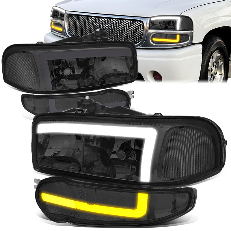 DNA Motoring, 01-06 GMC Sierra 1500 Yukon Denali Switchback LED DRL+Signal Headlight - Smoked Lens Clear Corner