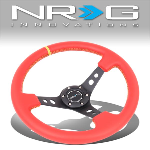 NRG Innovations, 350mm 3 in. Deep Dish Red Leather Grip Steering Wheel w/Center Mark - ST-006RR-YS