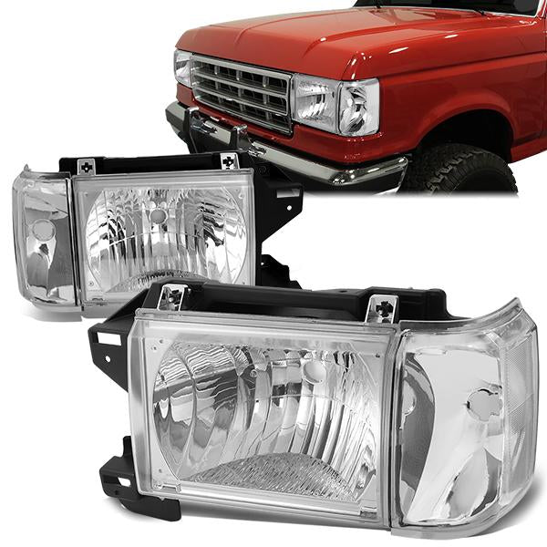 Nuvision Lighting, 87-91 Ford F150 F250 F350 Bronco Headlights - Chrome Housing Clear Corner