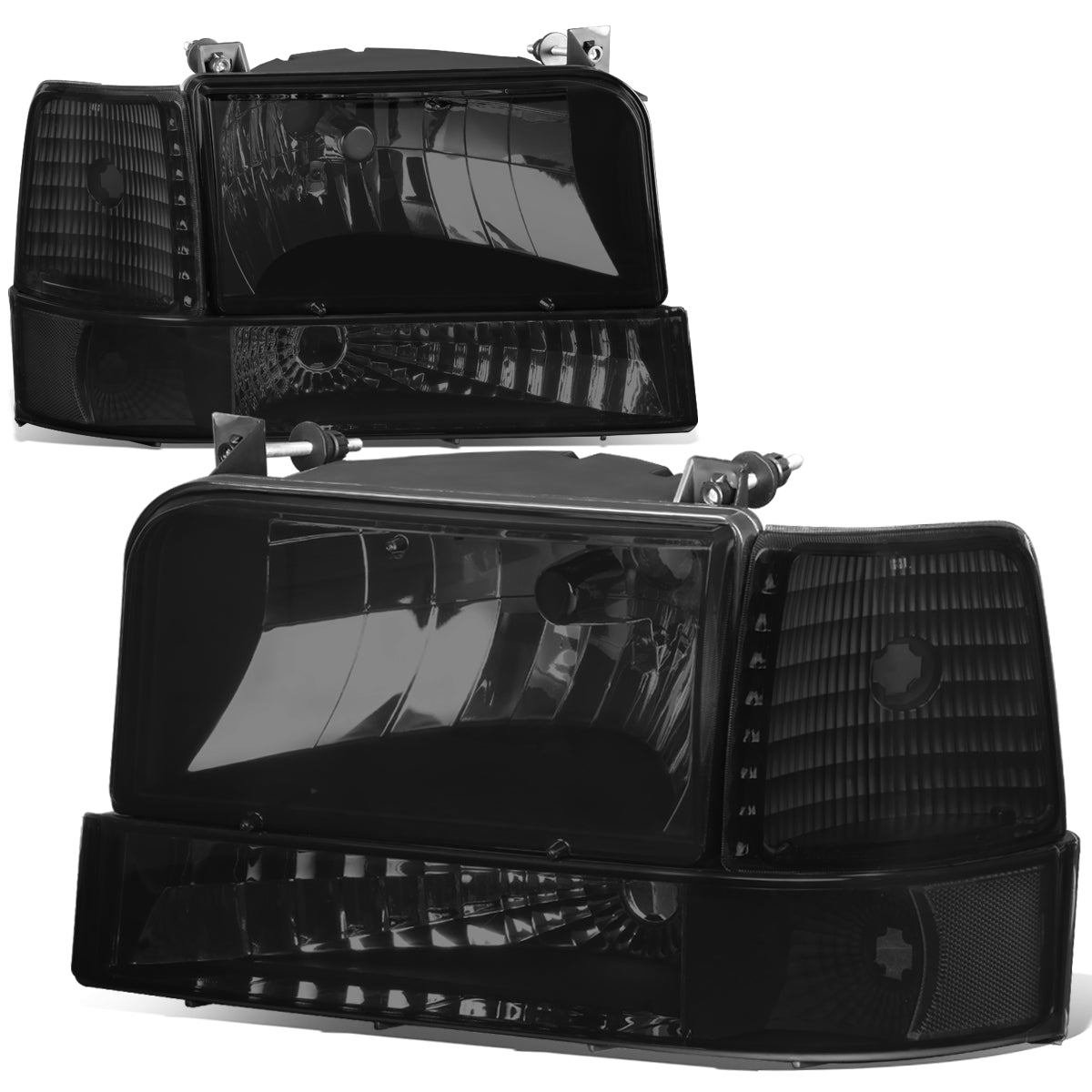 DNA Motoring, 92-96 Ford F150 F250 F350 Bronco Headlights+Bumper Lamp - Smoked Housing