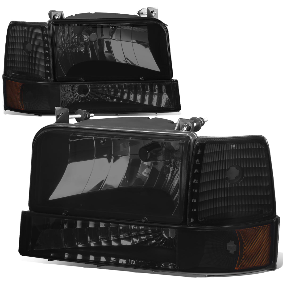 DNA Motoring, 92-96 Ford F150 F250 F350 Bronco Headlights+Bumper Lamp - Tinted Housing Amber Corner