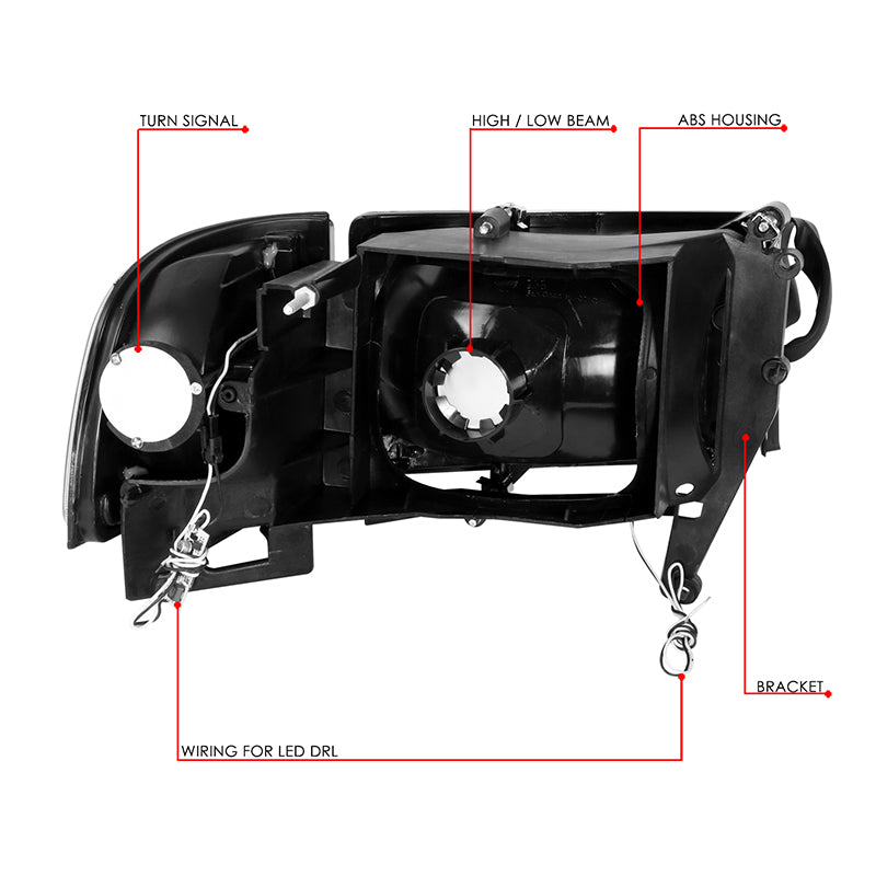 DNA Motoring, 94-02 Dodge Ram 1500 2500 3500 LED DRL Headlights - Black Housing Amber Corner