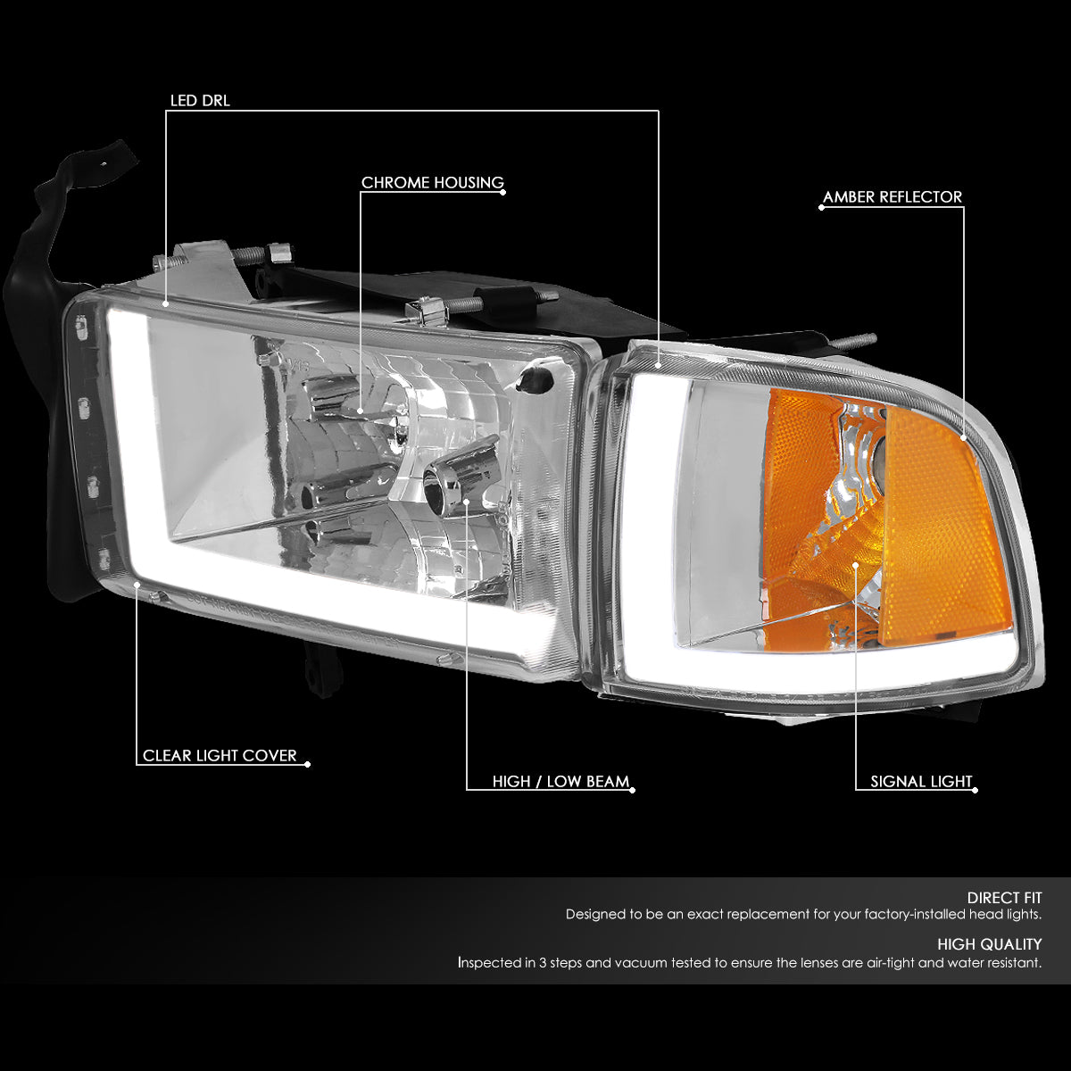 DNA Motoring, 94-02 Dodge Ram 1500 2500 3500 LED DRL Headlights - Chrome Housing Amber Corner