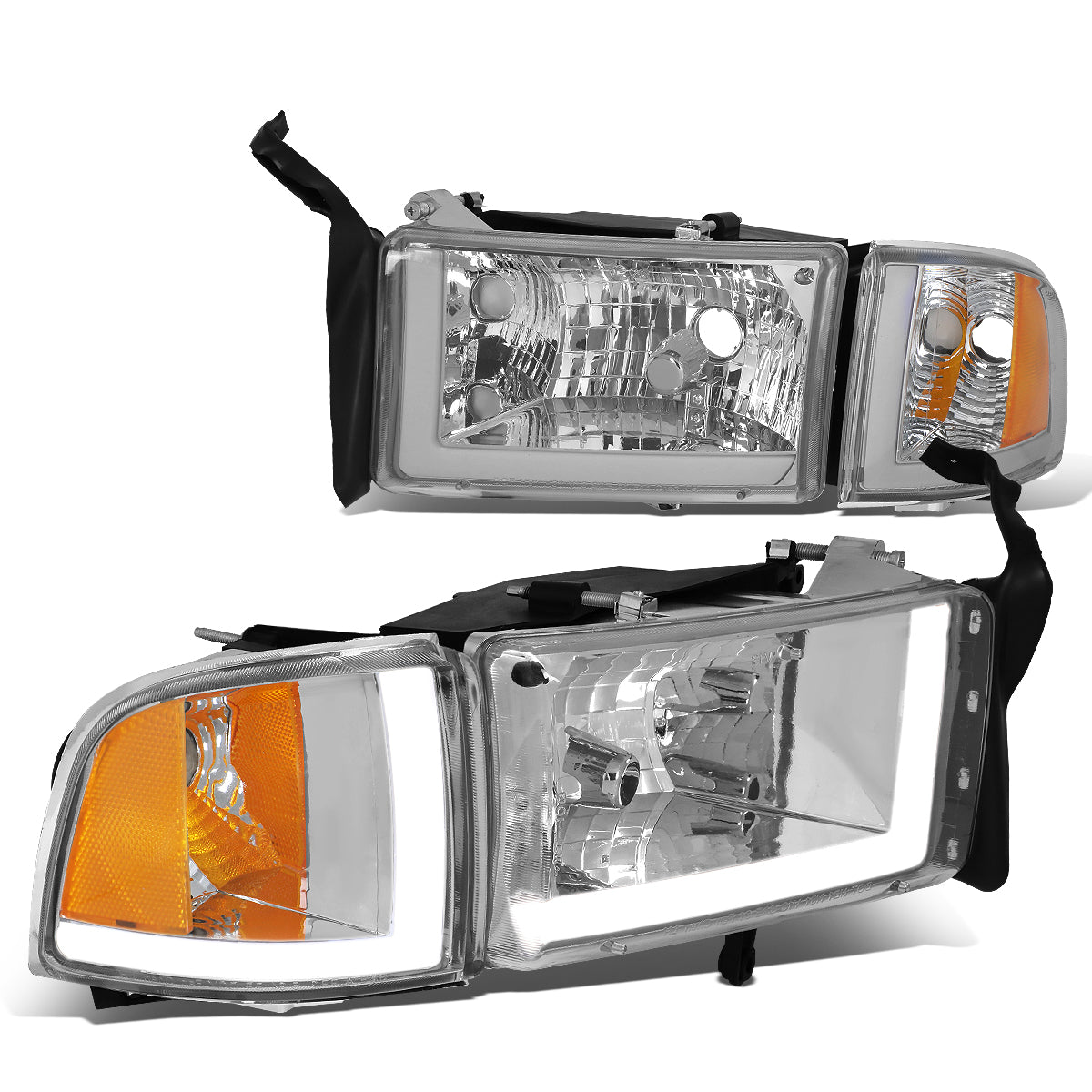 DNA Motoring, 94-02 Dodge Ram 1500 2500 3500 LED DRL Headlights - Chrome Housing Amber Corner