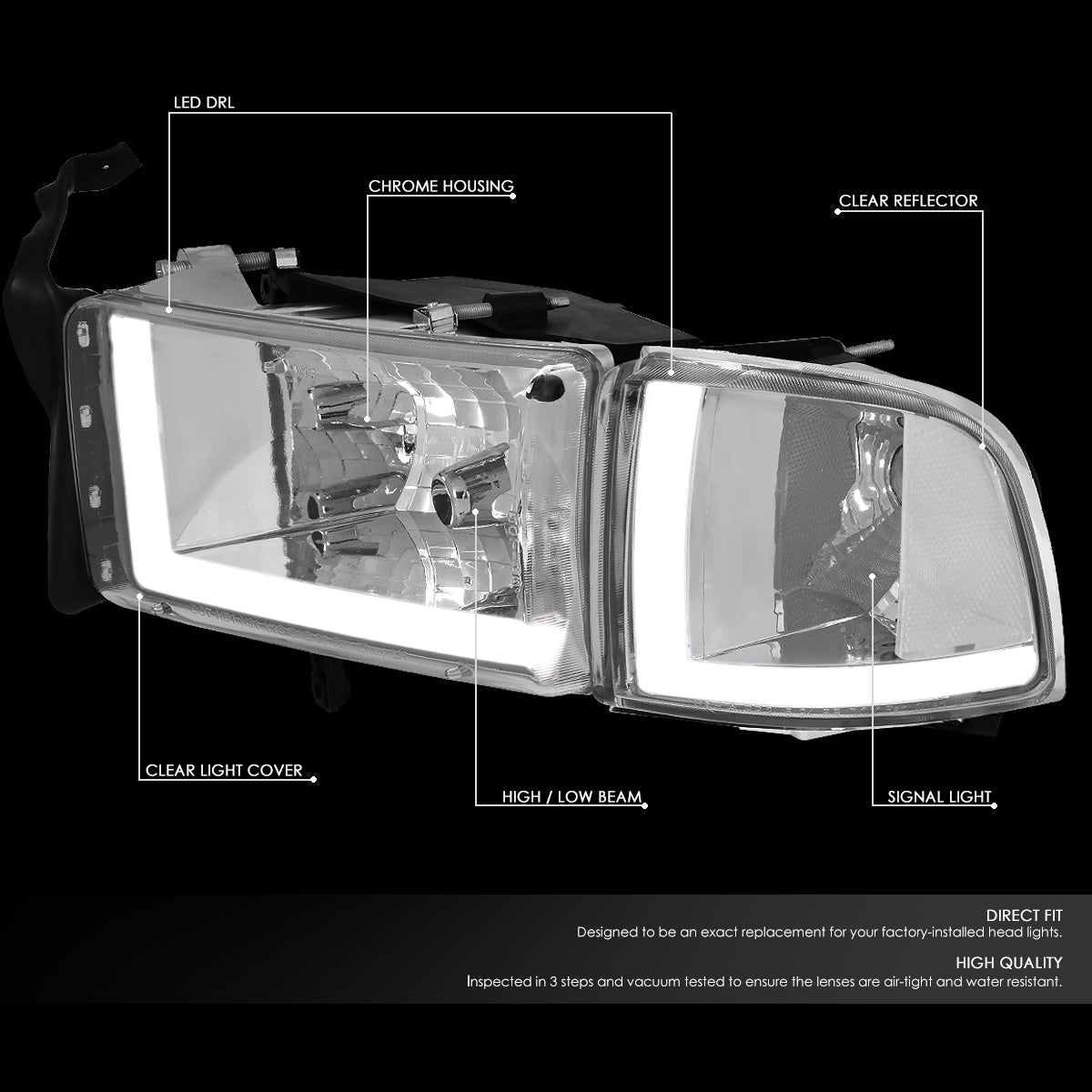 DNA Motoring, 94-02 Dodge Ram 1500 2500 3500 LED DRL Headlights - Chrome Housing Clear Corner