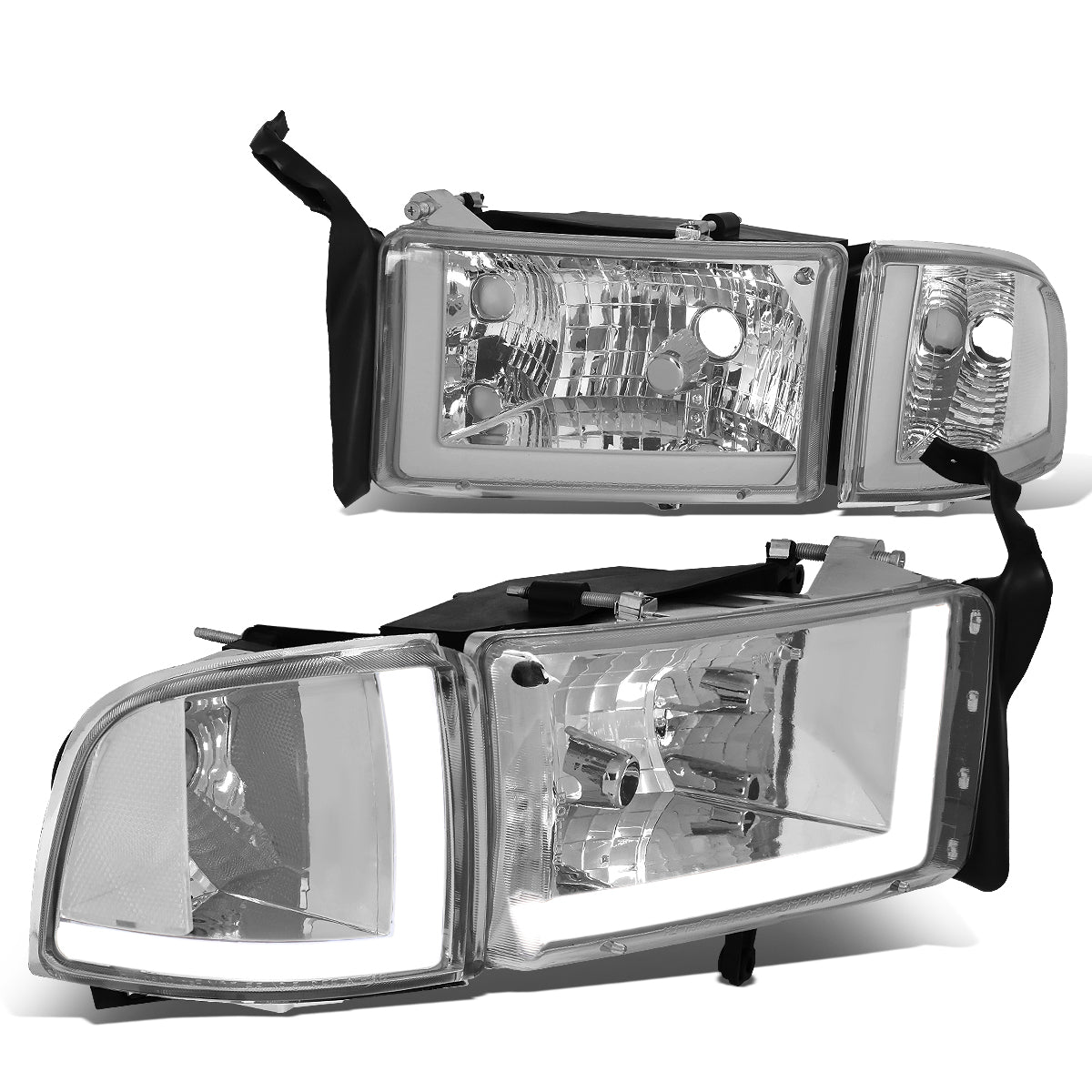 DNA Motoring, 94-02 Dodge Ram 1500 2500 3500 LED DRL Headlights - Chrome Housing Clear Corner