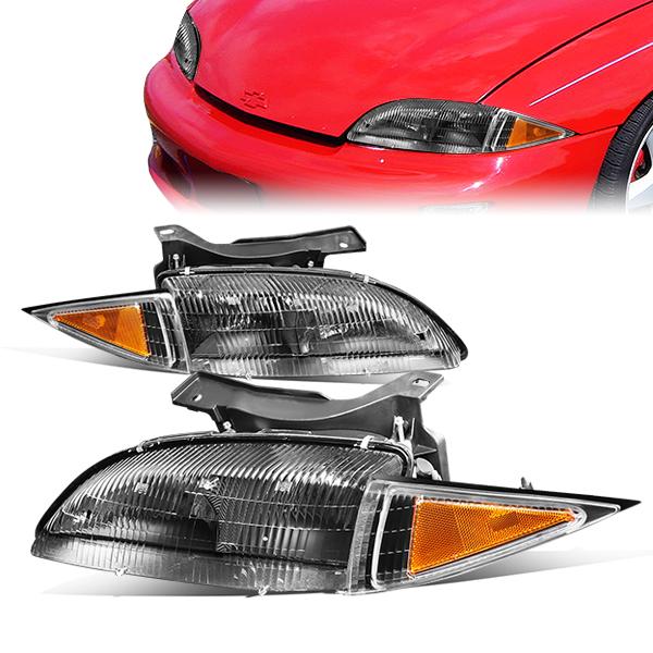 DNA Motoring, 95-99 Chevy Cavalier Headlights - Black Housing Amber Corner