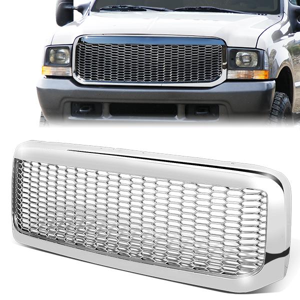 CAAP, 99-04 Ford F250 F350 F450 F550 Super Duty Front Grille - Badgeless Honeycomb Mesh - Chrome