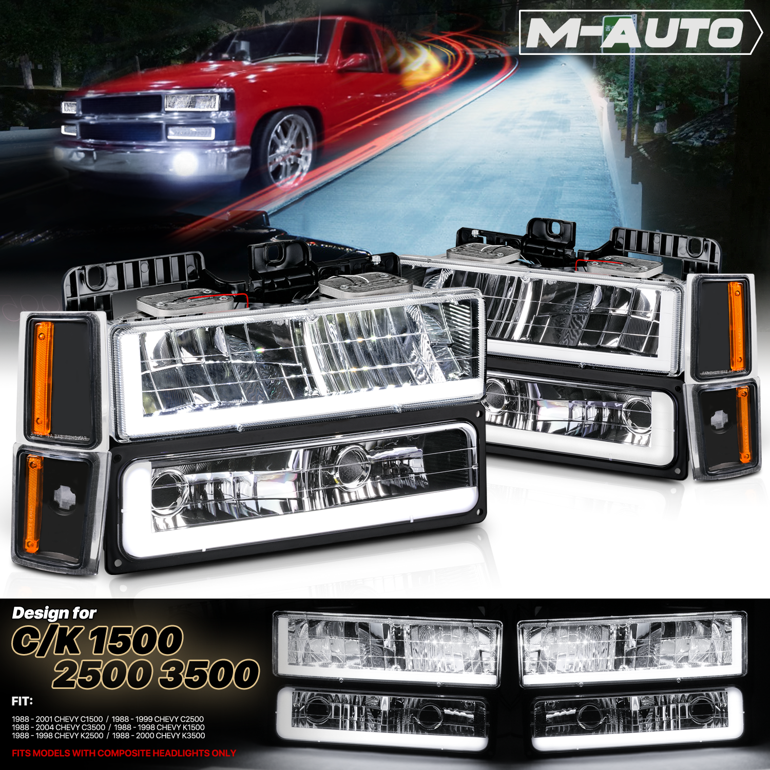 M-AUTO, M-AUTO® 8pcs Headlight w/LED DRL Strip (Black)88-93 Chevy C/K C10 Pickup, Suburban