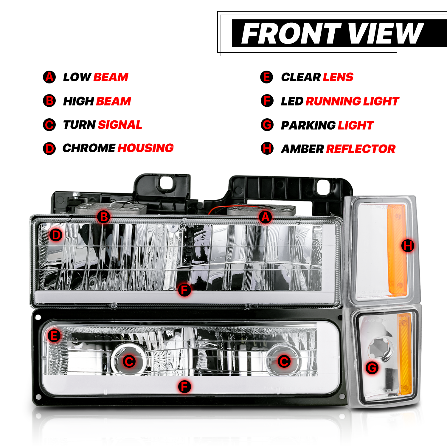 M-AUTO, M-AUTO® 8pcs Headlight w/LED DRL Strip (Chrome)88-93 Chevy C/K C10 Pickup, Suburban