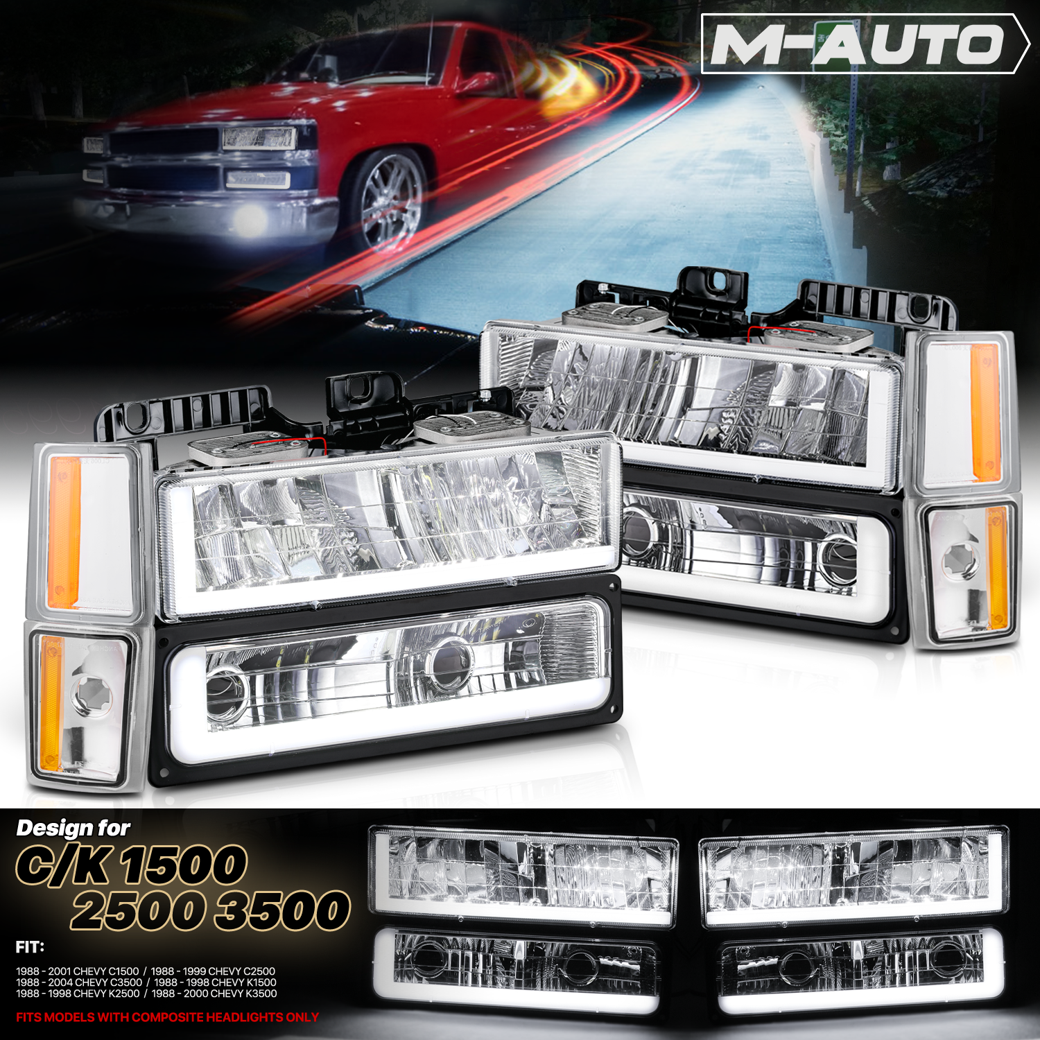 M-AUTO, M-AUTO® 8pcs Headlight w/LED DRL Strip (Chrome)88-93 Chevy C/K C10 Pickup, Suburban