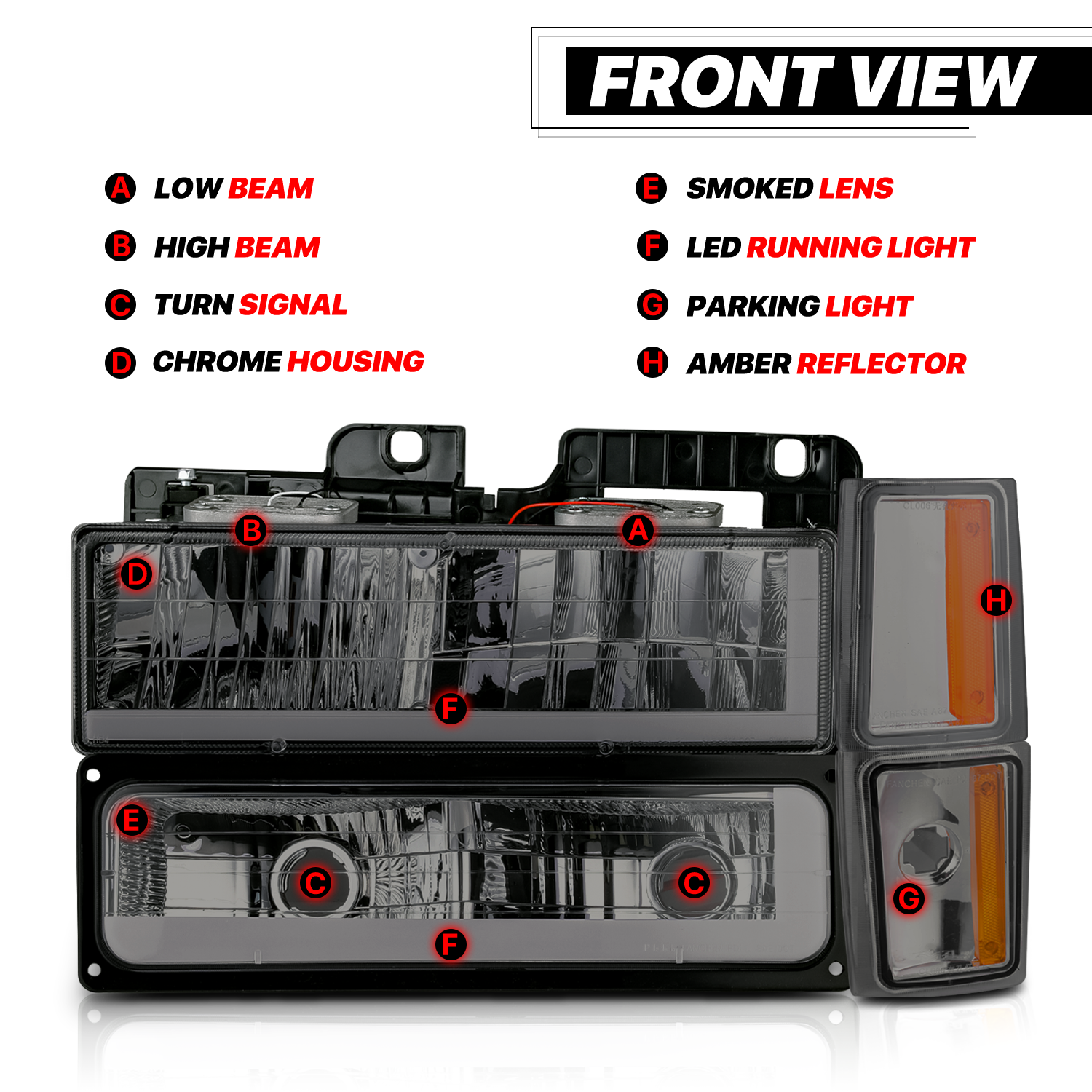 M-AUTO, M-AUTO® 8pcs Headlight w/LED DRL Strip (Smoked)88-93 Chevy C/K C10 Pickup, Suburban