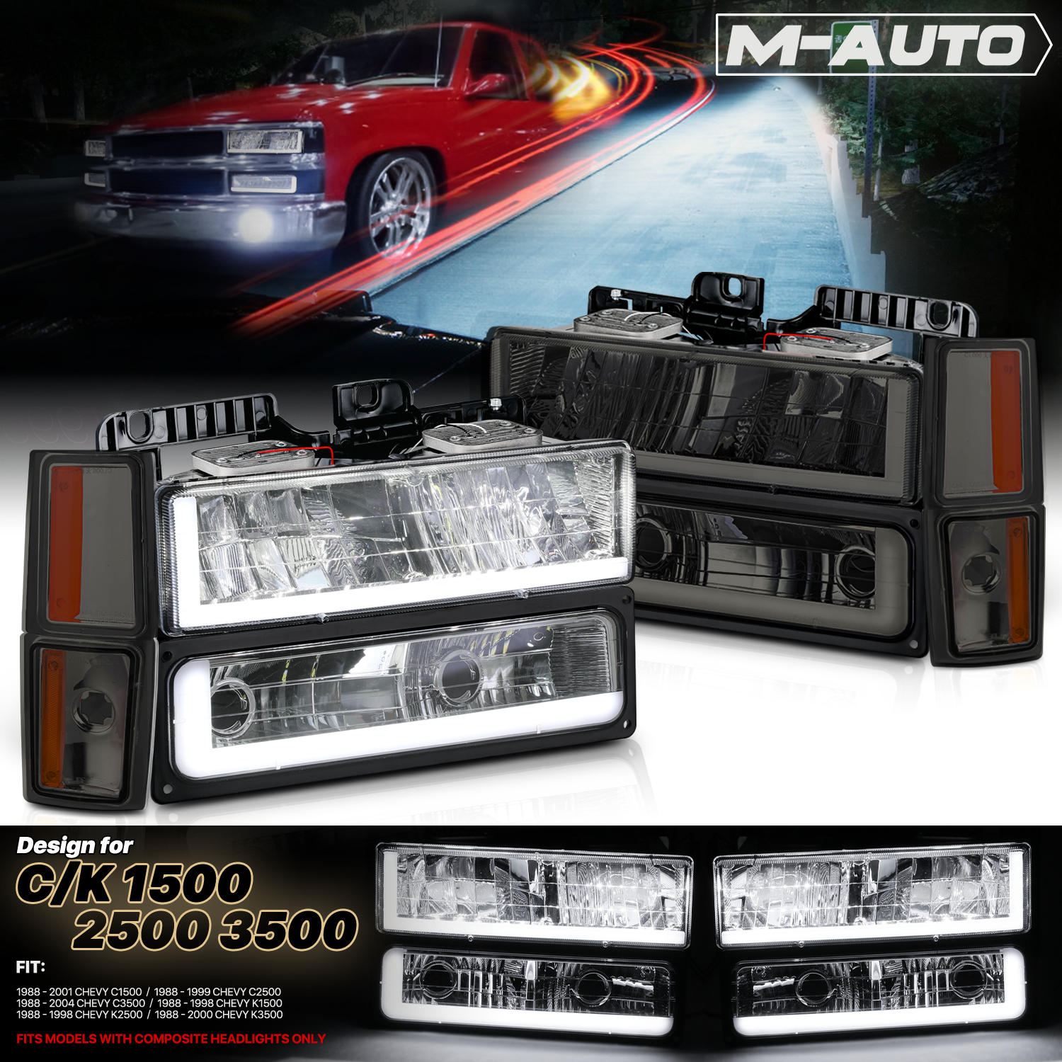 M-AUTO, M-AUTO® 8pcs Headlight w/LED DRL Strip (Smoked)88-93 Chevy C/K C10 Pickup, Suburban