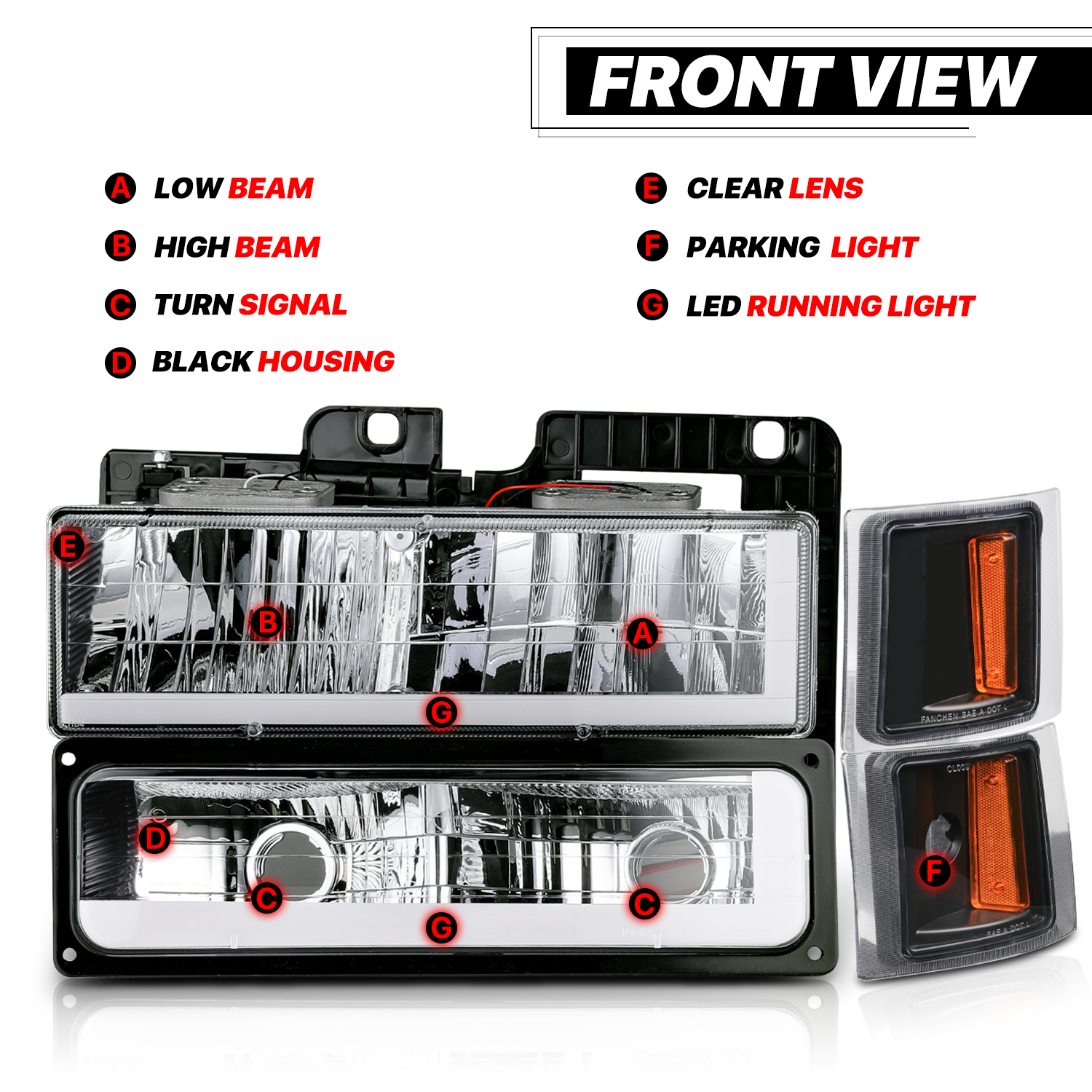 M-AUTO, M-AUTO® 8pcs Headlights w/LED DRL Strip (Black)94-00 Chevy C/K C10 Pickup, Suburban