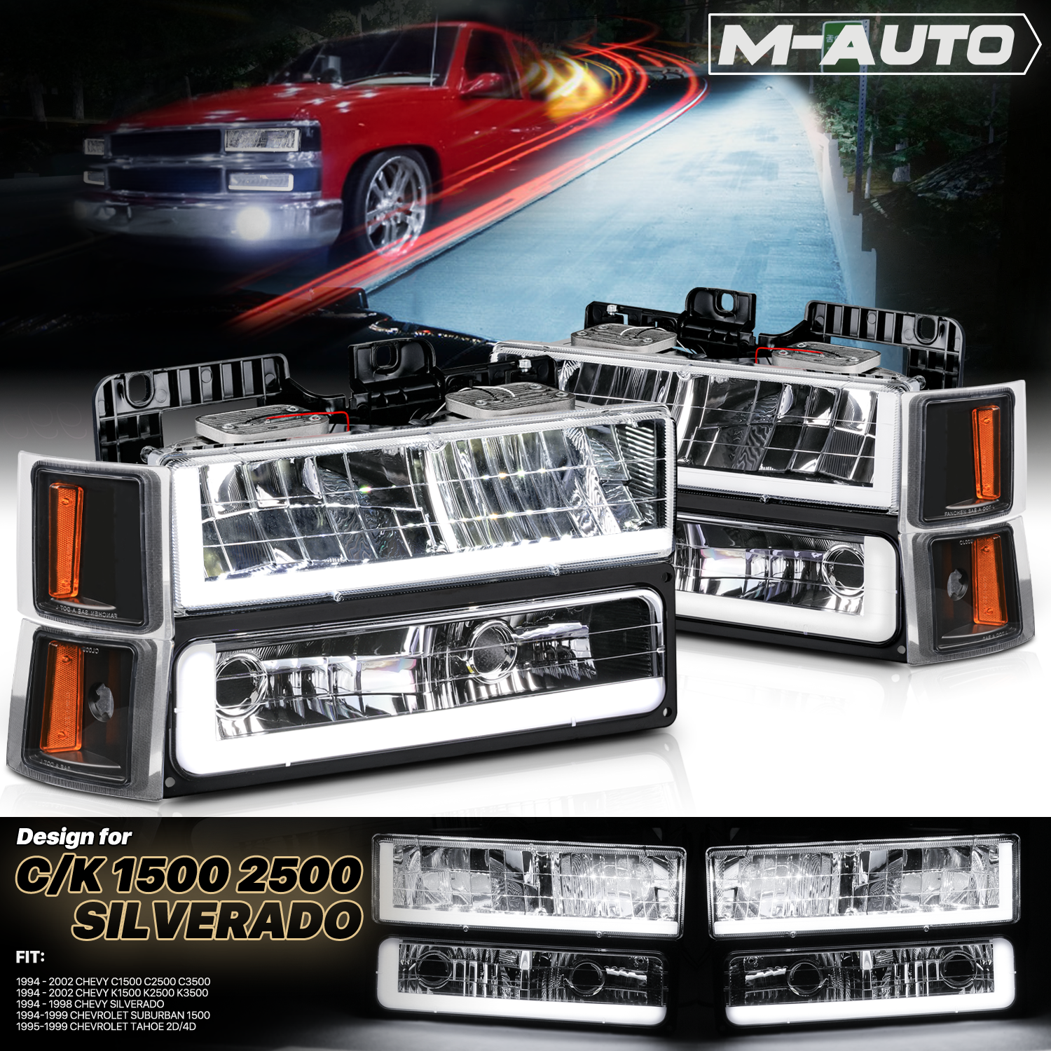 M-AUTO, M-AUTO® 8pcs Headlights w/LED DRL Strip (Black)94-00 Chevy C/K C10 Pickup, Suburban