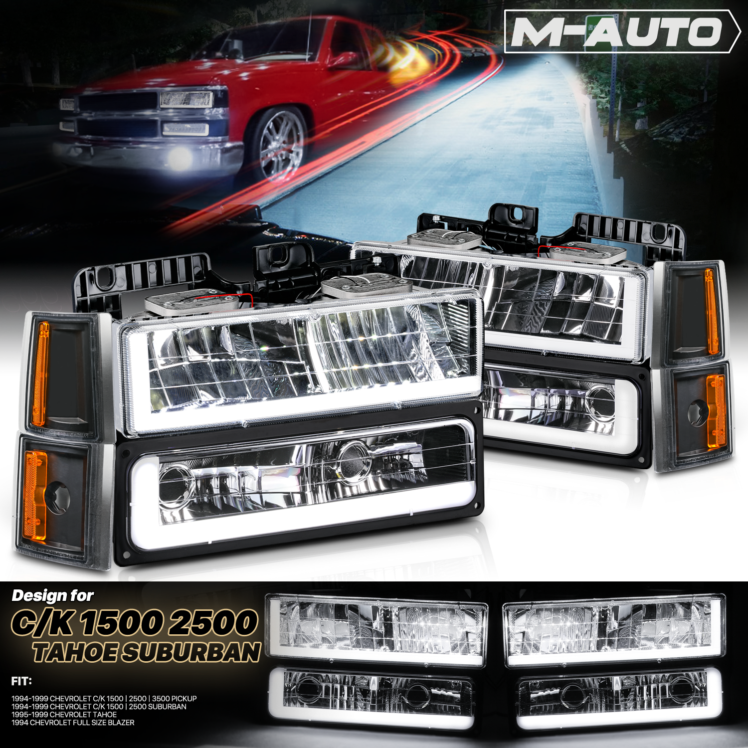 M-AUTO, M-AUTO® 8pcs Headlights w/LED DRL Strip (Black)94-00 GMC C/K C10 Pickup, Suburban