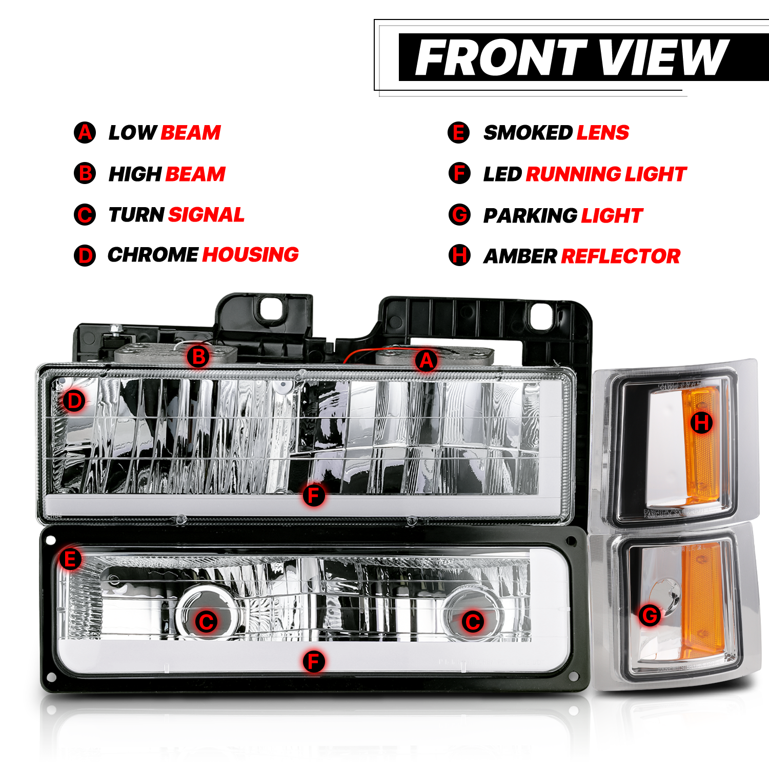 M-AUTO, M-AUTO® 8pcs Headlights w/LED DRL Strip (Chrome)94-00 Chevy C/K C10 Pickup, Suburban