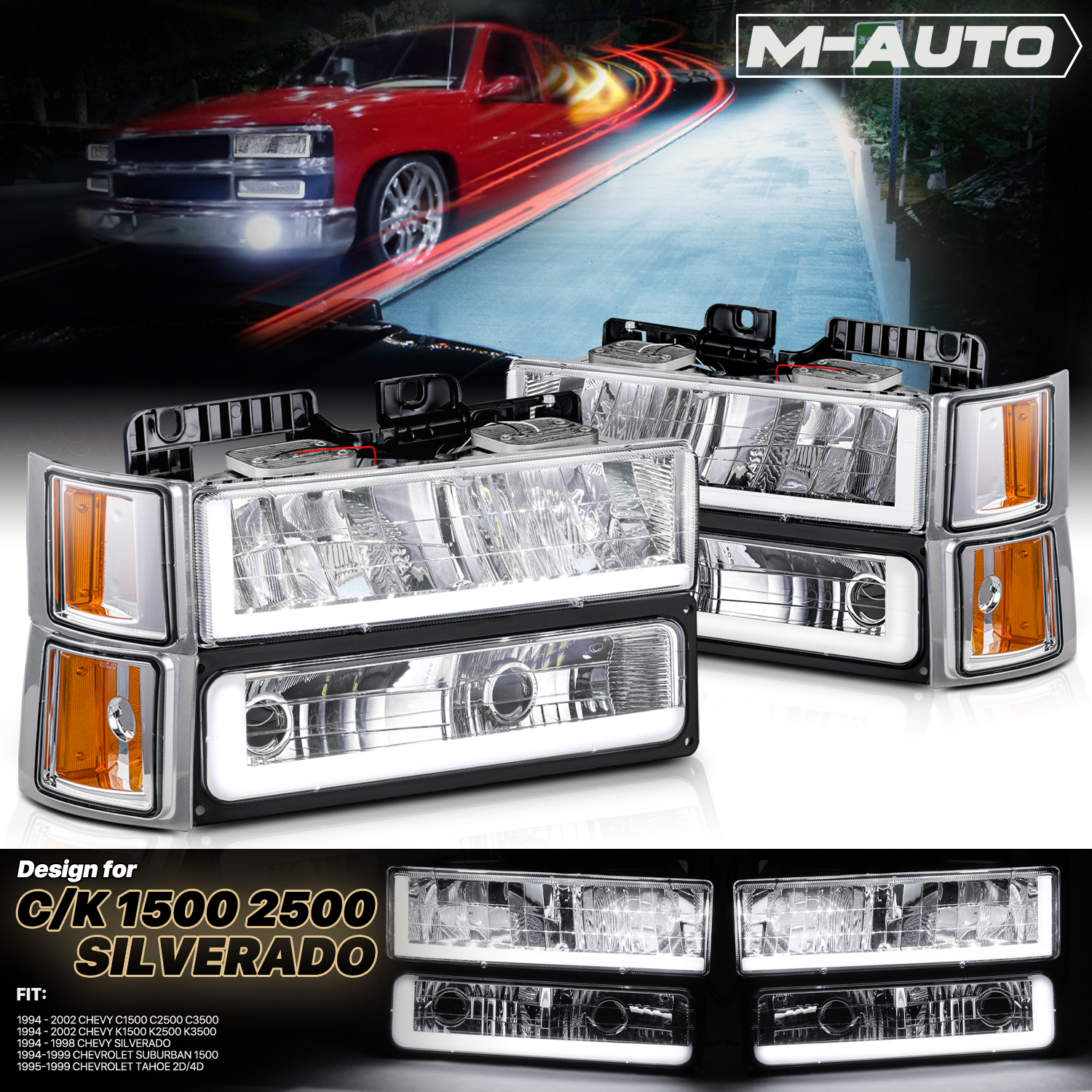 M-AUTO, M-AUTO® 8pcs Headlights w/LED DRL Strip (Chrome)94-00 Chevy C/K C10 Pickup, Suburban