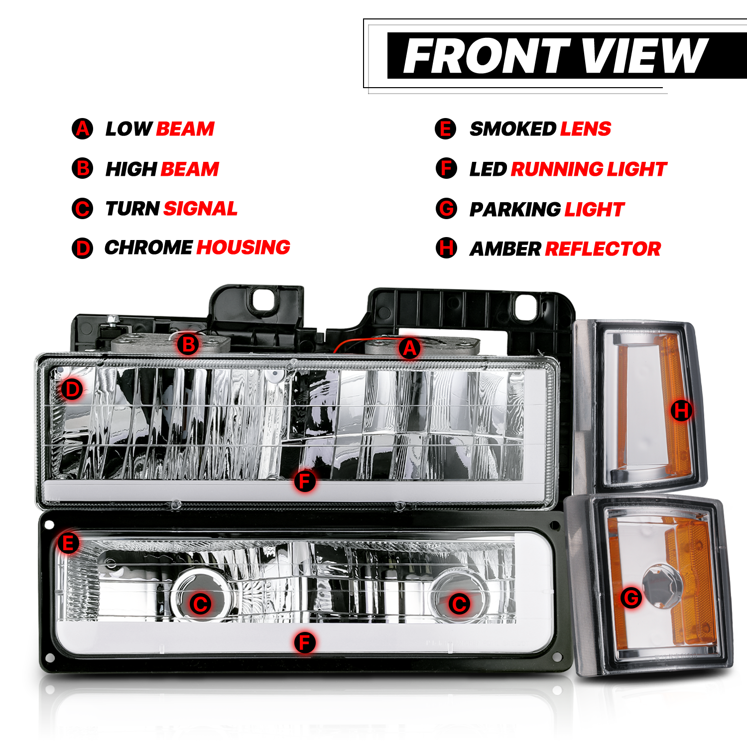 M-AUTO, M-AUTO® 8pcs Headlights w/LED DRL Strip (Chrome)94-00 GMC C/K C10 Pickup, Suburban