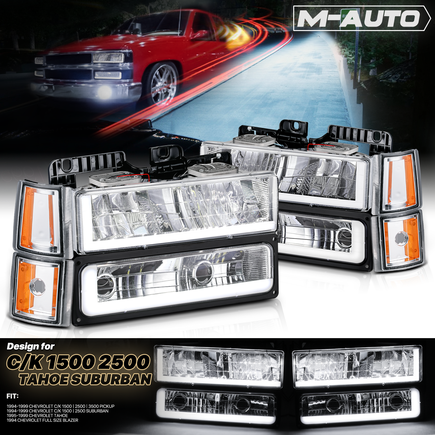 M-AUTO, M-AUTO® 8pcs Headlights w/LED DRL Strip (Chrome)94-00 GMC C/K C10 Pickup, Suburban