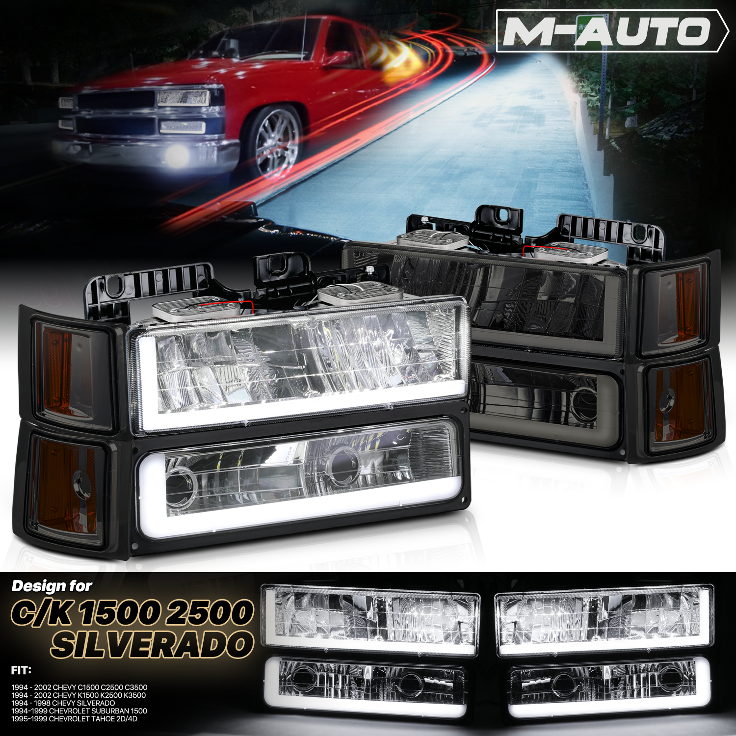 M-AUTO, M-AUTO® 8pcs Headlights w/LED DRL Strip (Smoked)94-00 Chevy C/K C10 Pickup, Suburban