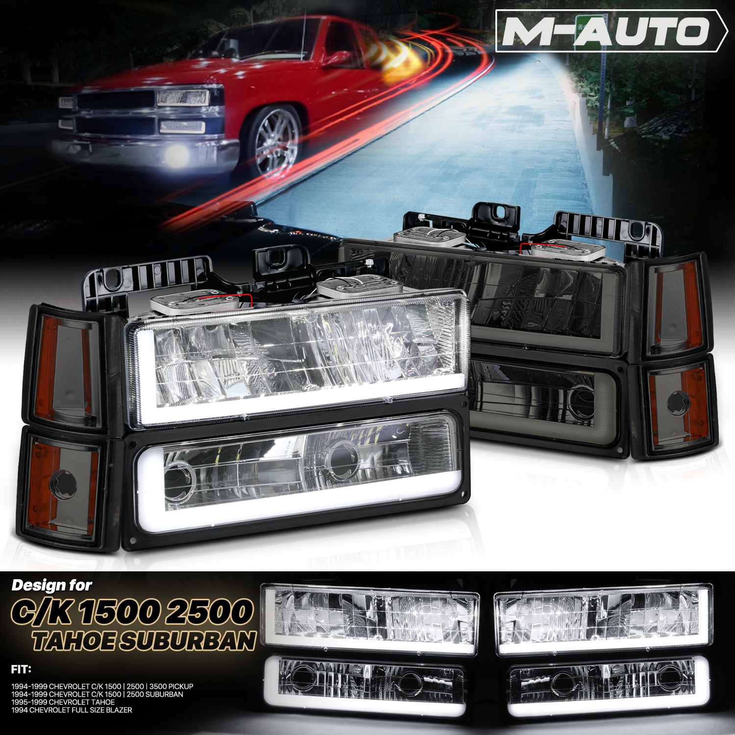 M-AUTO, M-AUTO® 8pcs Headlights w/LED DRL Strip (Smoked)94-00 GMC C/K C10 Pickup, Suburban