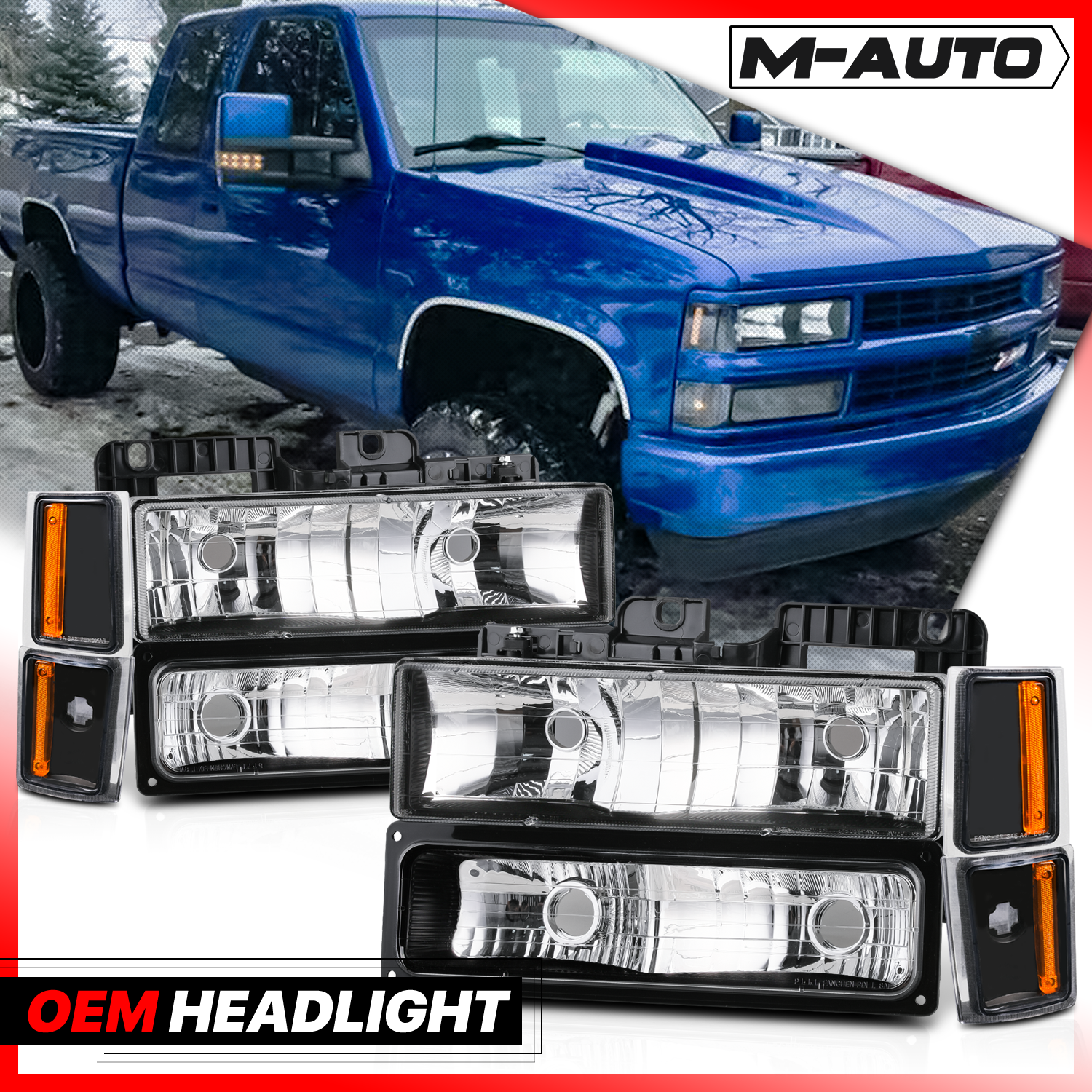 M-AUTO, M-AUTO® 8pcs Headlights+Corner/ Bumper Light (Black)88-93 Chevy C/K C10 Pickup, Suburban