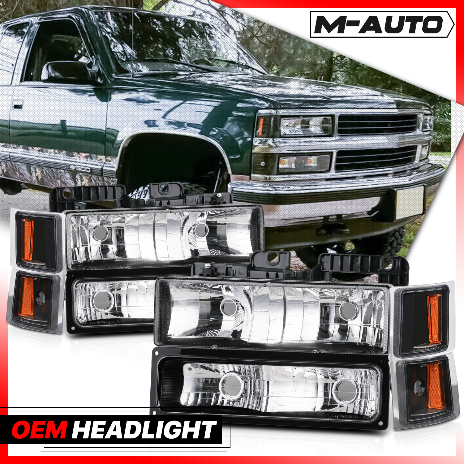 M-AUTO, M-AUTO® 8pcs Headlights+Corner/ Bumper Light (Black)94-00 Chevy C/K C10 Pickup, Suburban