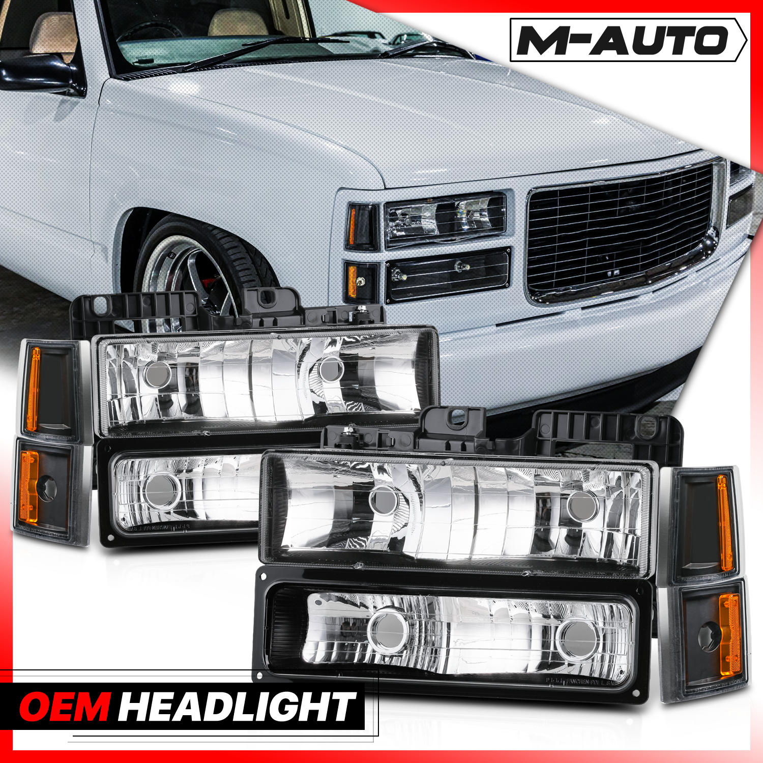 M-AUTO, M-AUTO® 8pcs Headlights+Corner/ Bumper Light (Black)94-00 GMC C/K C10 Pickup, Suburban