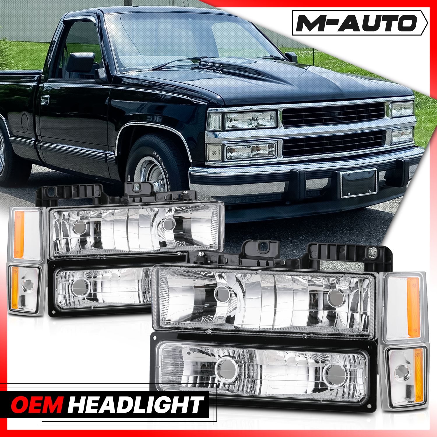 M-AUTO, M-AUTO® 8pcs Headlights+Corner/ Bumper Light (Chrome)88-93 Chevy C/K C10 Pickup, Suburban