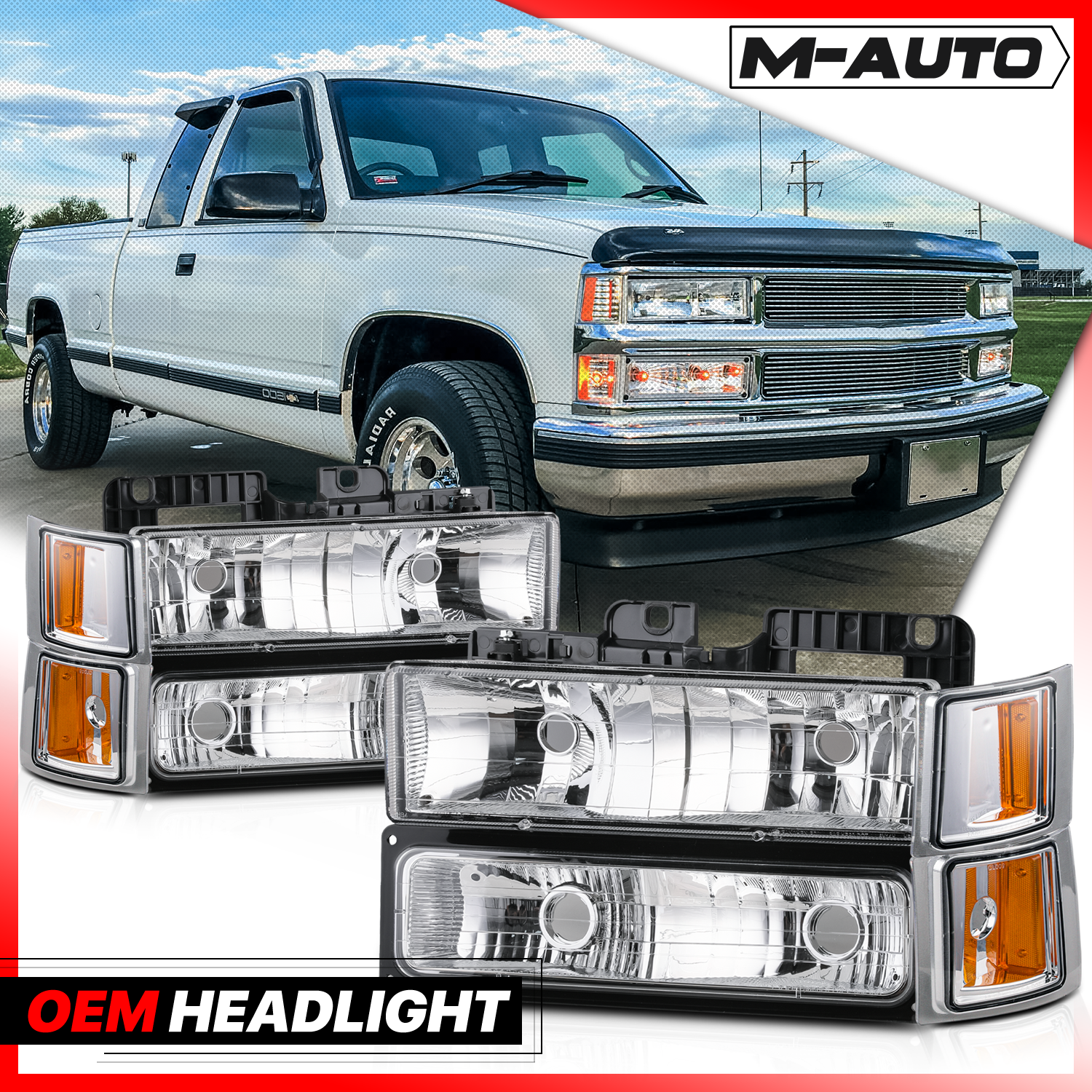 M-AUTO, M-AUTO® 8pcs Headlights+Corner/ Bumper Light (Chrome)94-00 Chevy C/K C10 Pickup, Suburban