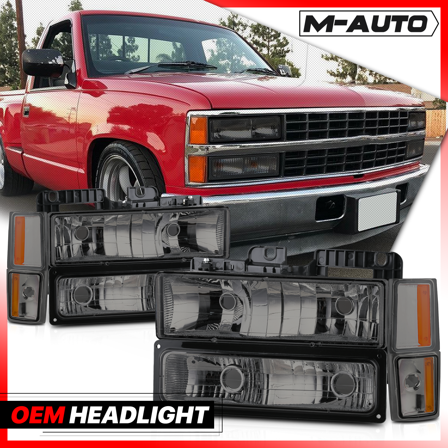 M-AUTO, M-AUTO® 8pcs Headlights+Corner/ Bumper Light (Smoked)88-93 Chevy C/K C10 Pickup, Suburban