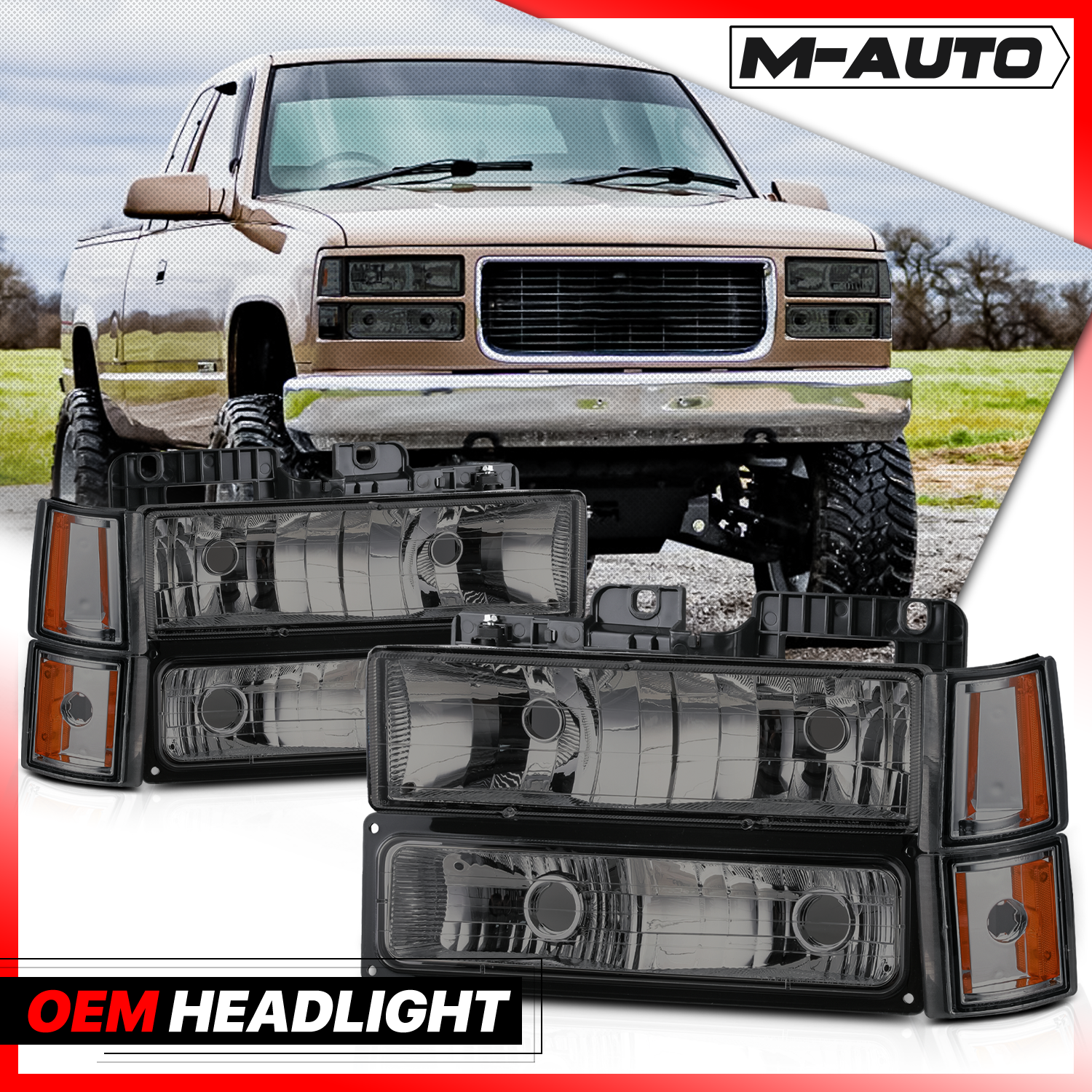 M-AUTO, M-AUTO® 8pcs Headlights+Corner/ Bumper Light (Smoked)94-00 GMC C/K C10 Pickup, Suburban